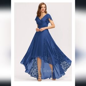 A-line V-Neck Asymmetrical Lace Chiffon Bridesmaid Dress With Pleated